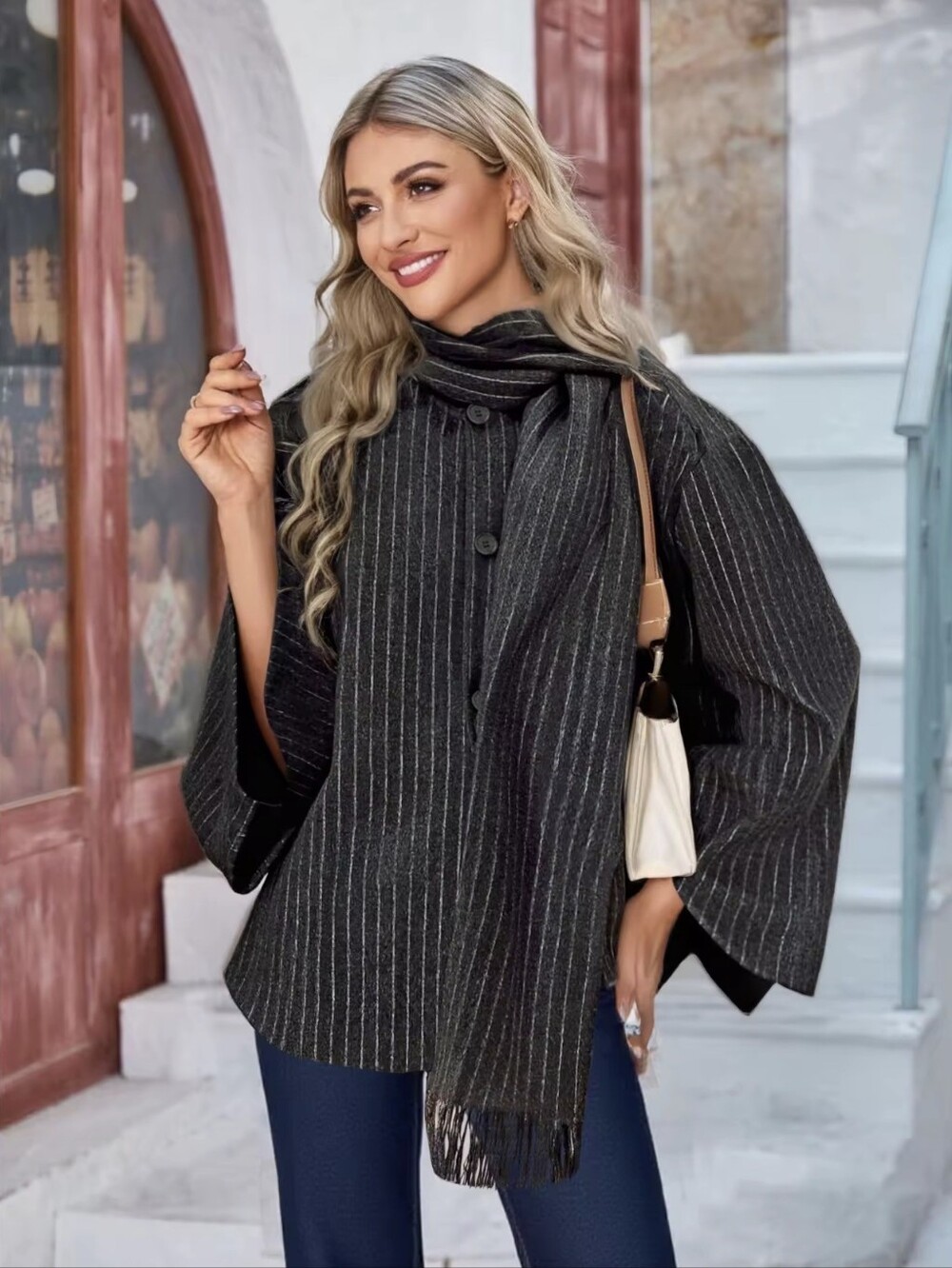 Women's Fall/Winter Striped Wool Cape Coat & Scarf Jacket